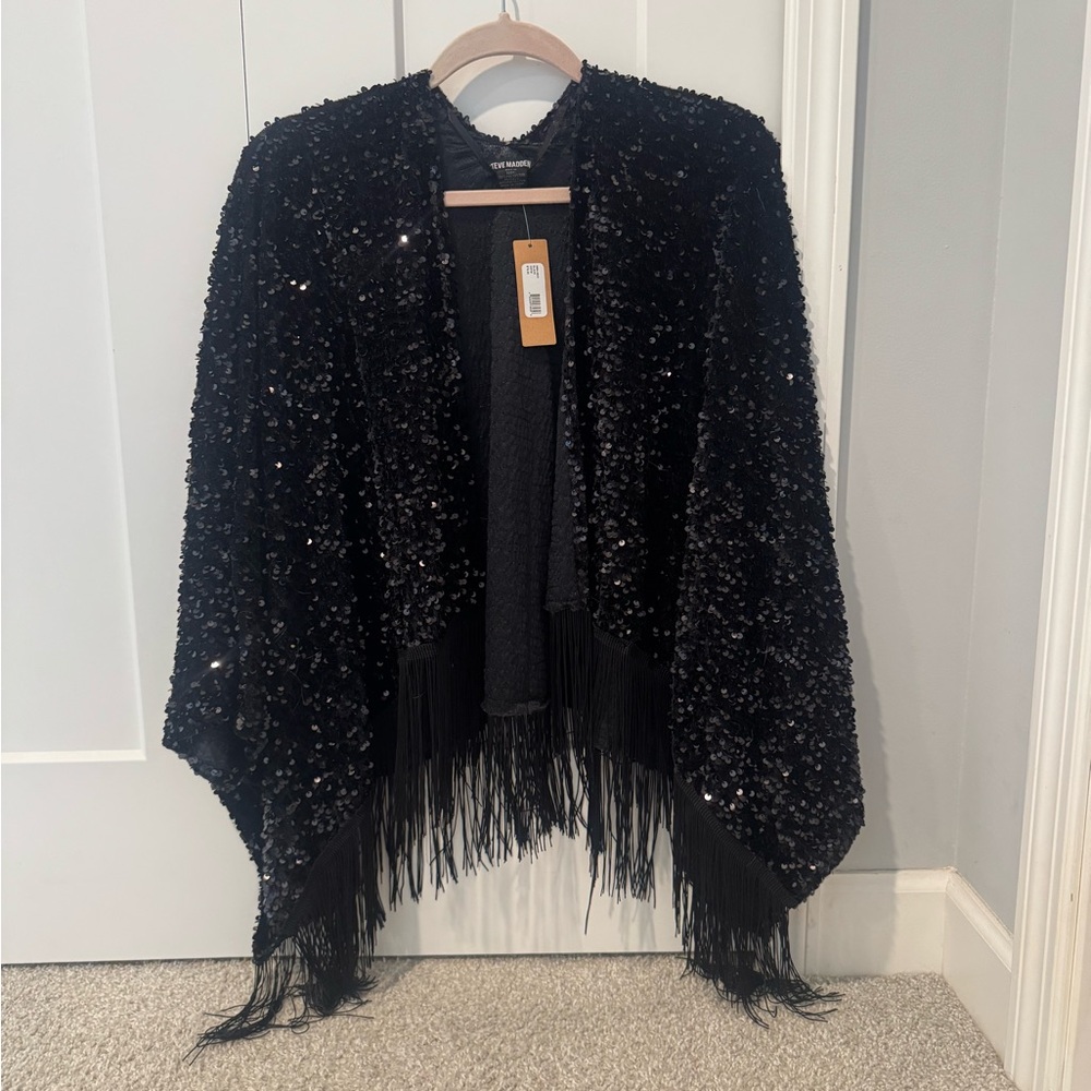 Steve Madden Black Sequin Fringe Poncho